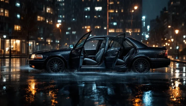 Voiture partiellement submergée sous une pluie abondante.