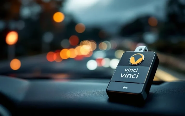 Badge Vinci intégré sur un tableau de bord de véhicule, indiquant un accès à une autoroute.