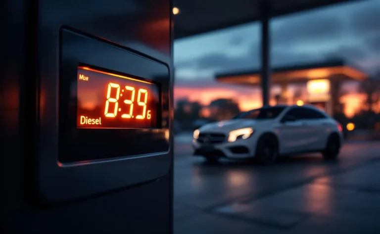 Mercedes GLA 200 garée au crépuscule, illuminée par les teintes orangées du ciel.