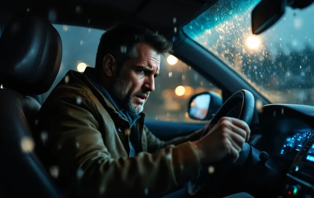 Un homme frustré assis au volant de sa voiture serre le volant, tandis que la pluie coule sur les vitres et que le tableau de bord éclaire faiblement l’habitacle.