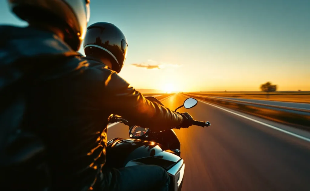 Un Honda CBF 125 roule rapidement sur une autoroute au coucher du soleil, avec un motard concentré et le compteur de vitesse bien visible, tandis que l’arrière-plan est légèrement flouté par le vent.