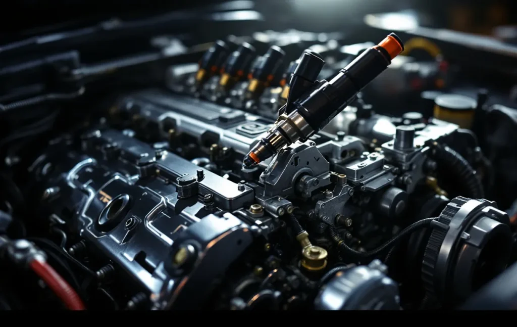 Un moteur de voiture avec un injecteur débranché et trois connectés, sur fond de garage légèrement flou.