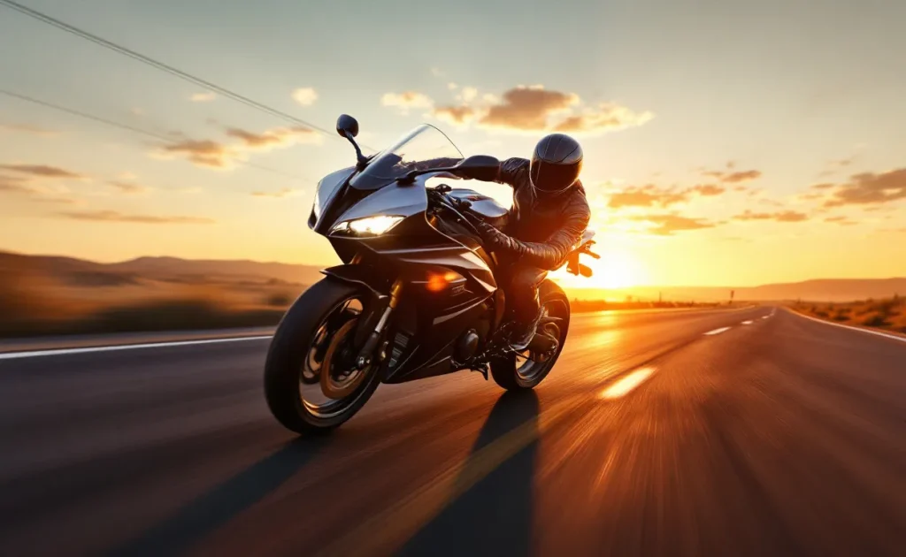 Une moto Yamaha YZF R125 roule rapidement sur une autoroute déserte au soleil couchant, ses lignes soulignées par la lumière dorée.