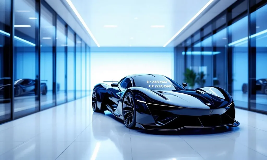 La voiture Alpine A390 est exposée dans un showroom moderne, éclairée par des lumières bleutées, avec une étiquette de prix visible sur le pare-brise.