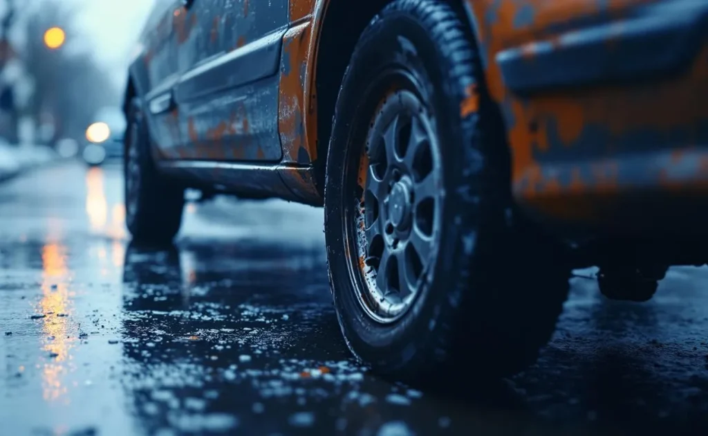 Un amortisseur usé avec une coupelle endommagée sur une voiture stationnée sous la pluie, la roue légèrement inclinée suggérant une instabilité.