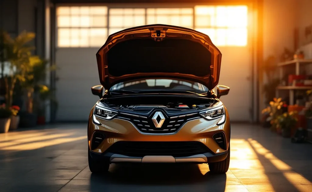 Un Renault Captur TCe 90 garé dans un garage éclairé, capot ouvert, présentant en détail une courroie et une chaîne de distribution côte à côte sur le moteur.