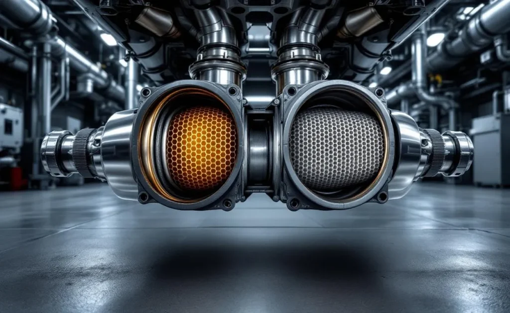 Vue en coupe d’un système d’échappement de voiture montrant l’intérieur d’un catalyseur d’un côté et d’un filtre à particules de l’autre, sur fond industriel.