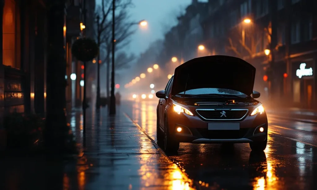 Une Peugeot 2008 stationnée sous la pluie au crépuscule, capot ouvert et voyants allumés, se reflète sur l’asphalte mouillé d’une rue urbaine.