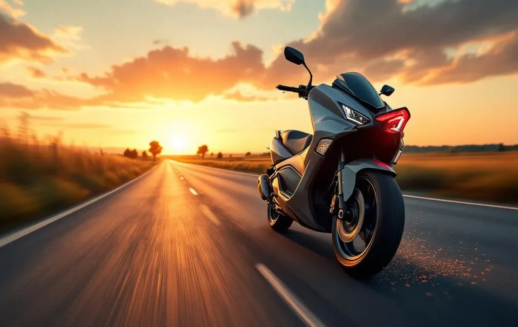 Un scooter Yamaha XMAX 125 roule rapidement sur une autoroute déserte au coucher du soleil avec un effet de vitesse et de lumière dynamique.