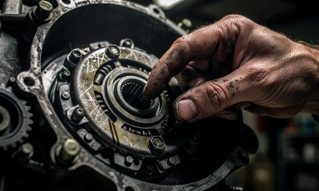 Un mécanicien examine de près la butée d’embrayage usée d’une voiture dans un atelier.