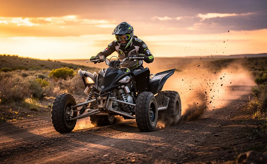 Un quad 700 Raptor roule sur un sentier poussiéreux au coucher du soleil avec un pilote concentré et un paysage illuminé par une lumière dorée.