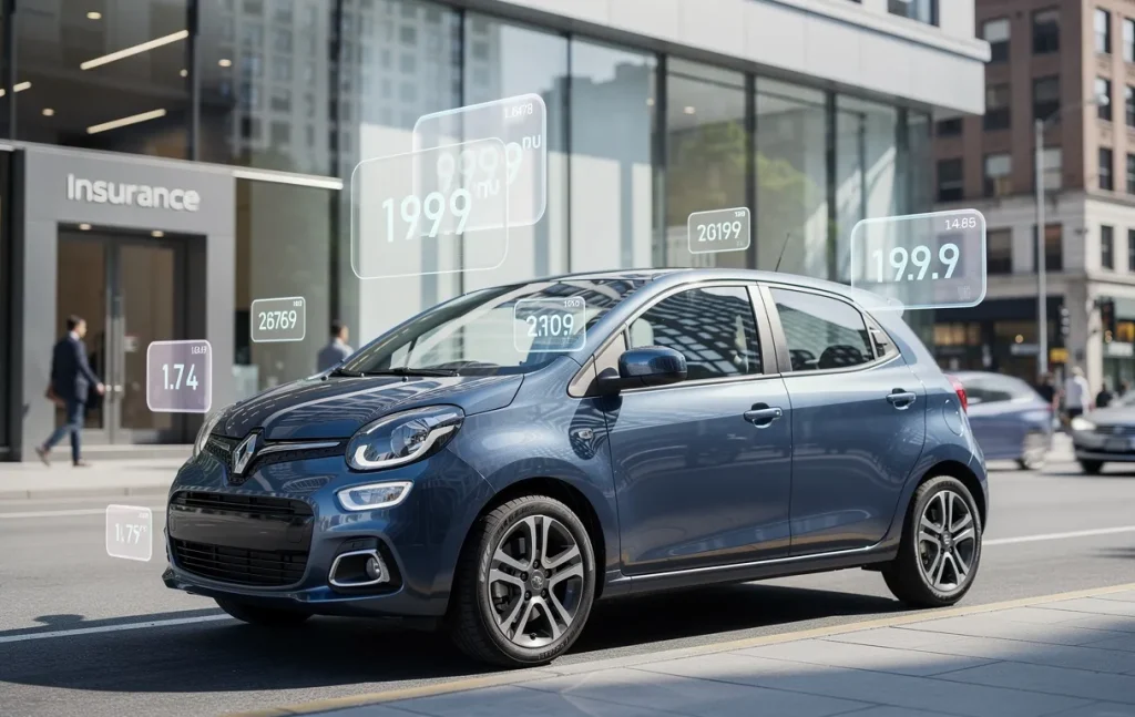 Une voiture sans permis moderne est garée devant un cabinet d’assurance urbain, entourée de chiffres et d’étiquettes de prix numériques flottants.