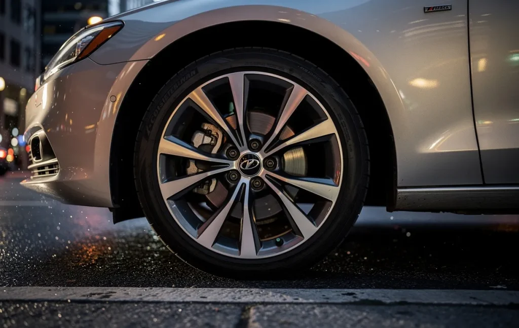 Gros plan sur la roue avant gauche d’une voiture en ville avec un reflet métallique et une zone de bruit suspect près du frein.