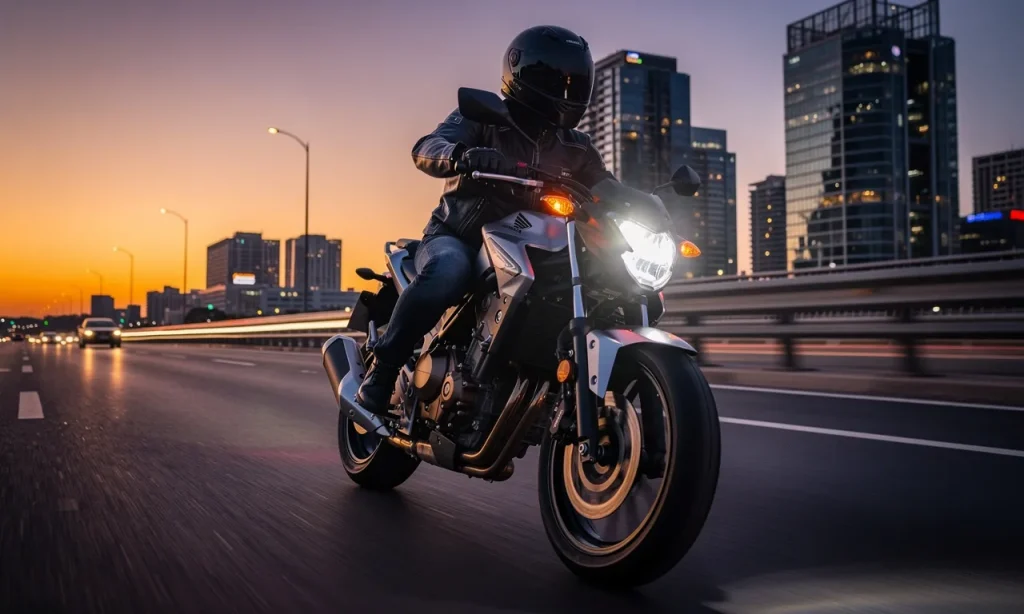 Une moto Honda CB 500 F roule à vive allure sur une autoroute déserte au crépuscule avec les lumières de la ville en arrière-plan.