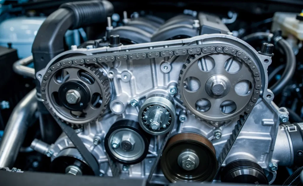 Gros plan sur le compartiment moteur du Peugeot 3008 mettant en évidence la courroie de distribution et les éléments de chaîne sous un éclairage d’atelier.