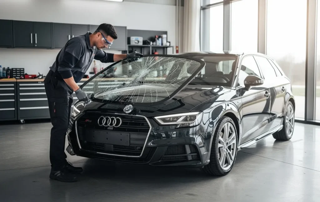 Un technicien remplace le pare-brise fissuré d’une Audi A3 sombre dans un garage moderne éclairé par la lumière du jour.