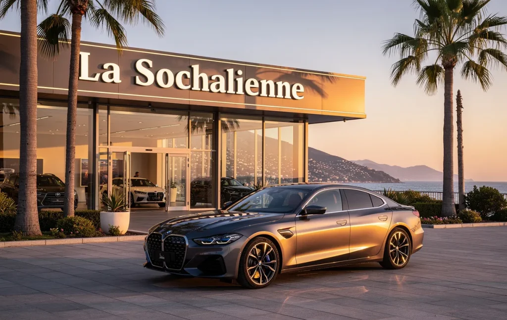 Une voiture moderne est garée devant une concession La Sochalienne sous un soleil doré, avec des palmiers et un paysage évoquant la Côte d’Azur.