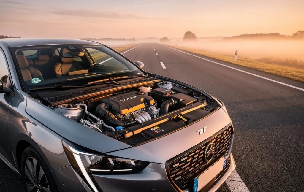 Voiture de 2023 équipée d’un moteur 1.2 PureTech 130, stationnée sur une longue route au lever du soleil, avec des détails métalliques mis en lumière.