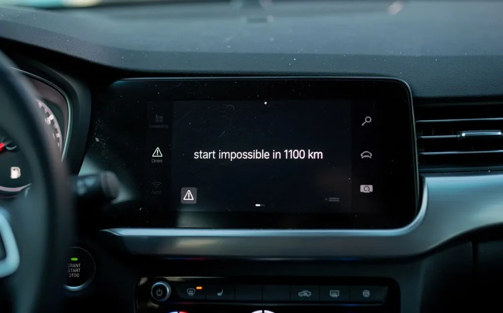 Tableau de bord d’une voiture affichant le message d’avertissement « démarrage impossible dans 1100 km » sur un écran numérique, éclairé par une lumière intérieure froide.