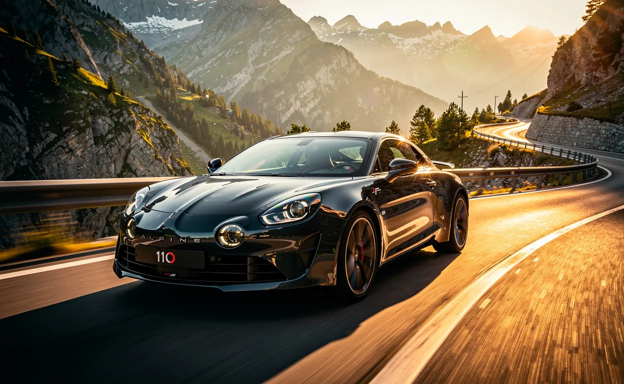 Voiture Alpine A110 S en mouvement sur une route de montagne au coucher du soleil, avec reflets dorés sur la carrosserie.