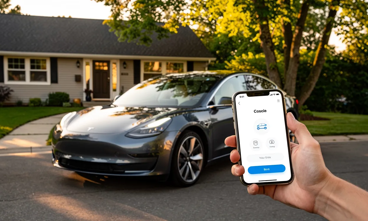 Une voiture moderne garée devant une maison de banlieue avec un smartphone affichant une application au premier plan sous une lumière filtrée par les arbres.