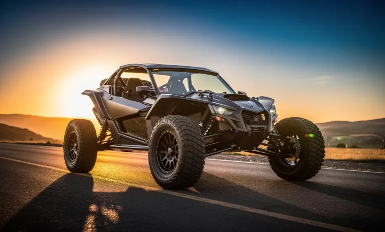 Un buggy moderne garé sur une route dégagée au coucher du soleil sous un ciel clair.
