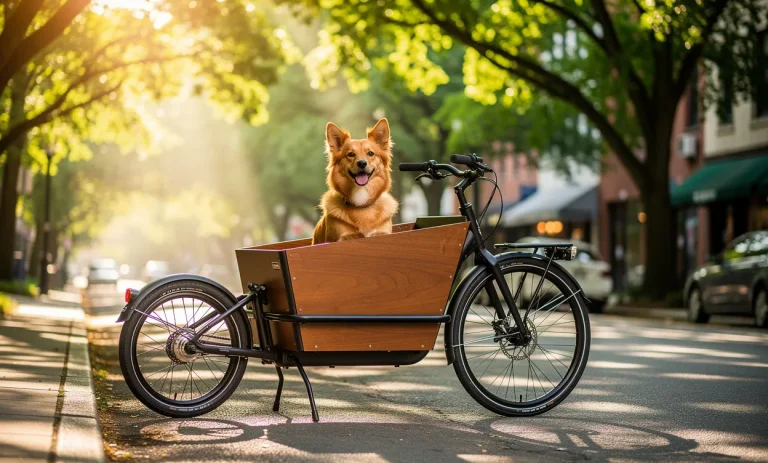Un vélo cargo moderne est garé dans une rue arborée, un chien assis dans le panier avant sous la lumière du matin.