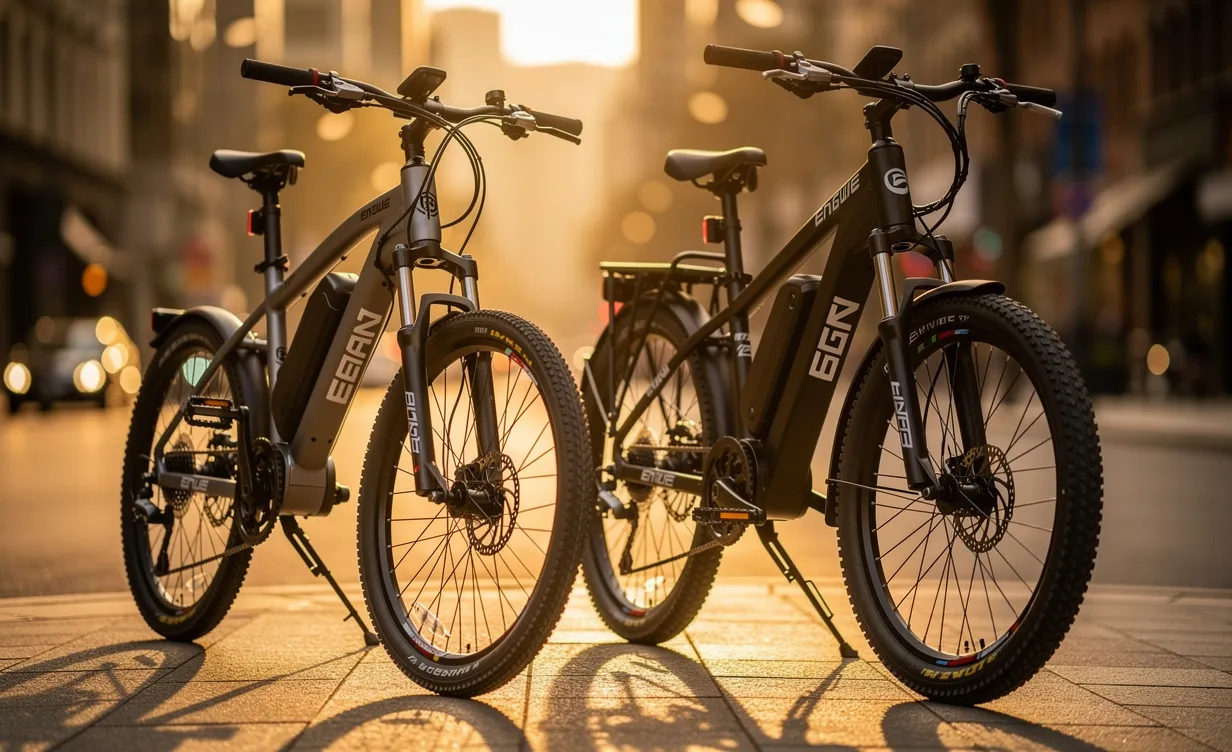 Comparaison photoréaliste des vélos électriques Engwe M1 et Engwe M20 côte à côte sur une rue ensoleillée avec une lumière dorée.