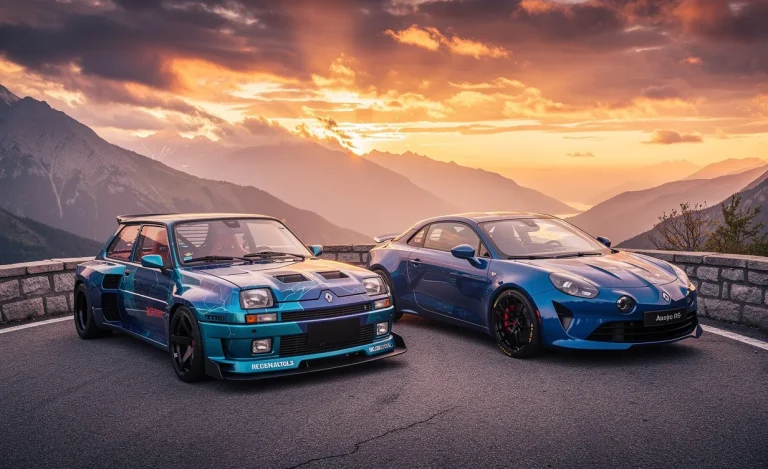 La Renault 5 Turbo 3E et l’Alpine A110 R sont garées côte à côte sur une route de montagne sinueuse au coucher du soleil, sous un ciel dramatique et une lumière ambiante.