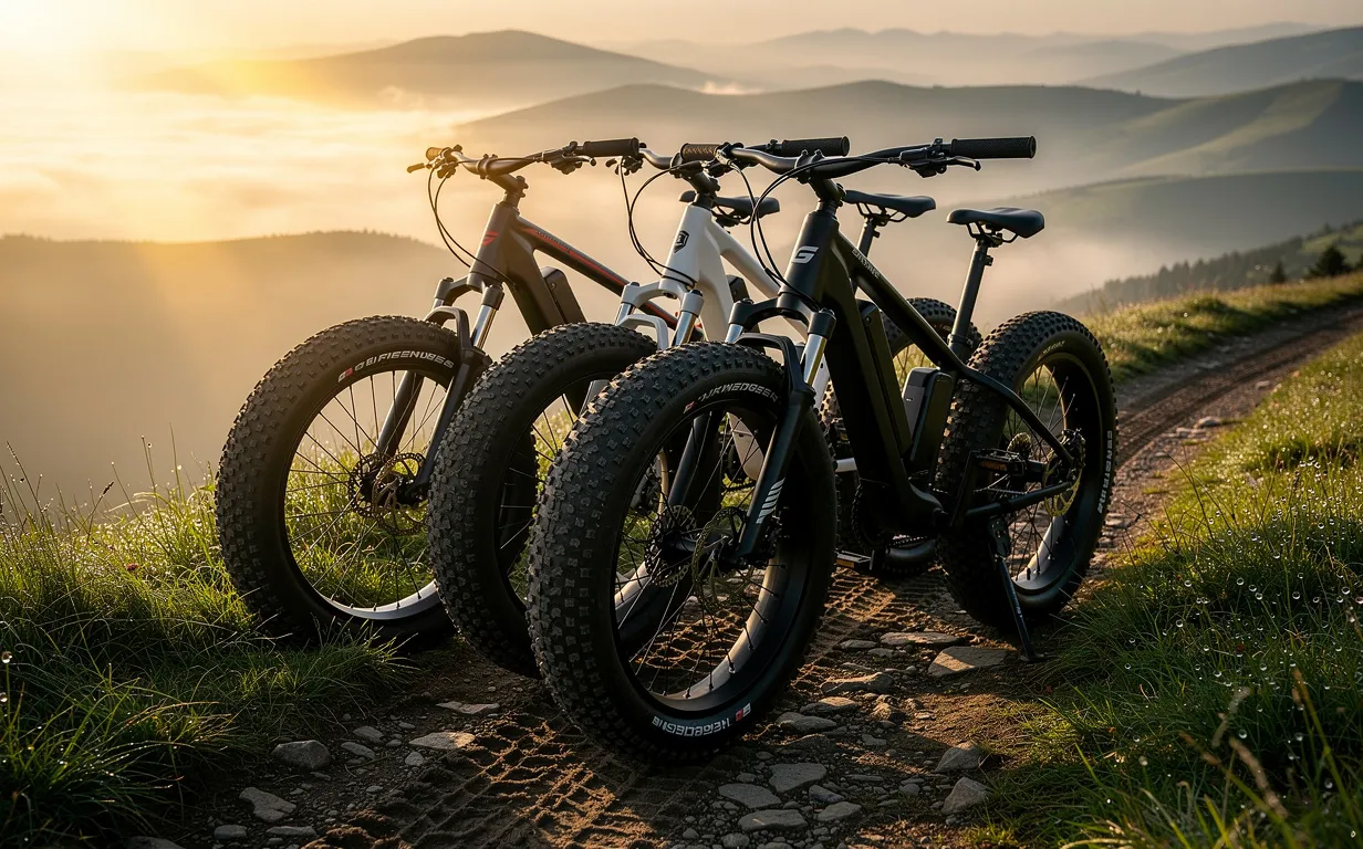 Trois vélos Engwe fatbikes alignés sur un sentier de montagne au lever du soleil, avec de larges pneus marquant l’herbe humide et des collines brumeuses en arrière-plan.