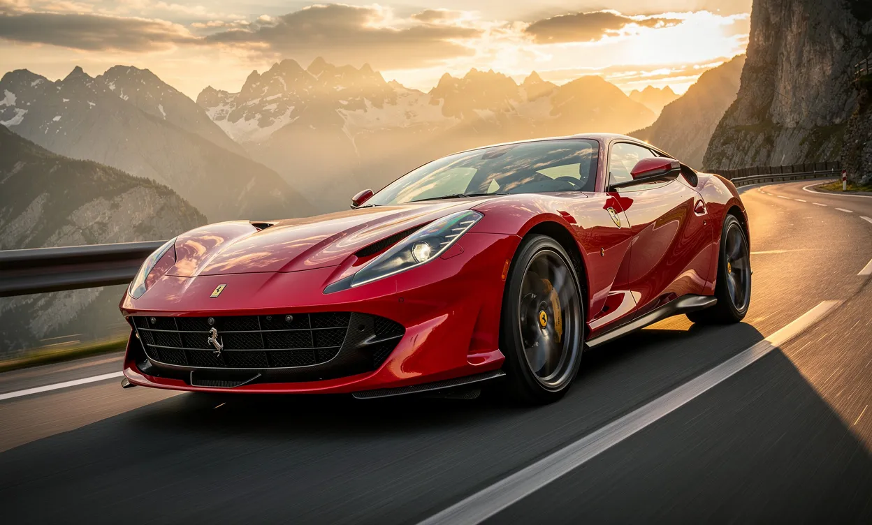 Une Ferrari 812 Superfast rouge roule sur une route de montagne au lever du soleil, avec ses roues et sa calandre avant mises en valeur.