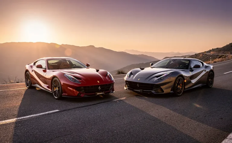Une Ferrari 812 Superfast rouge métallisée et une F12berlinetta grise sont garées côte à côte sur une route de montagne au coucher du soleil.