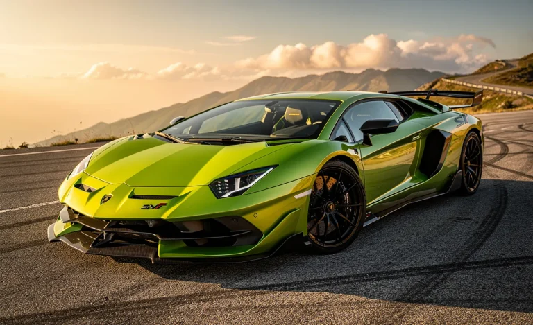 Une Lamborghini Aventador SVJ vert citron est garée sur une route de montagne au coucher du soleil, mettant en valeur ses lignes aérodynamiques et ses détails en fibre de carbone.