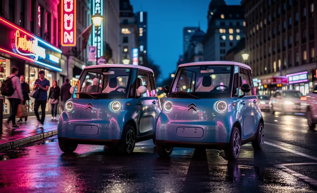 Une Microlino et une Citroën Ami stationnées côte à côte sur une rue animée au crépuscule, éclairées par des néons, avec des passants en arrière-plan.
