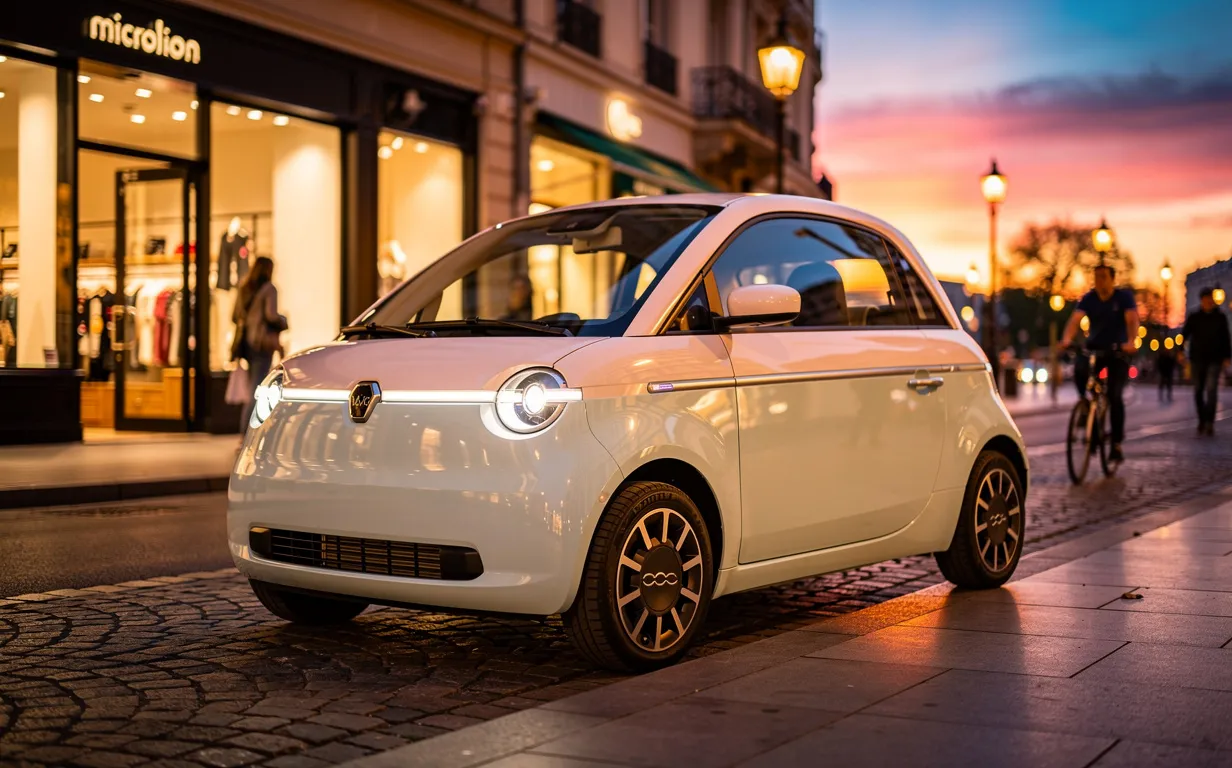 Une Microlino électrique au design rétro est stationnée sur une rue animée au coucher du soleil, mise en valeur par une lumière dorée et des reflets colorés.