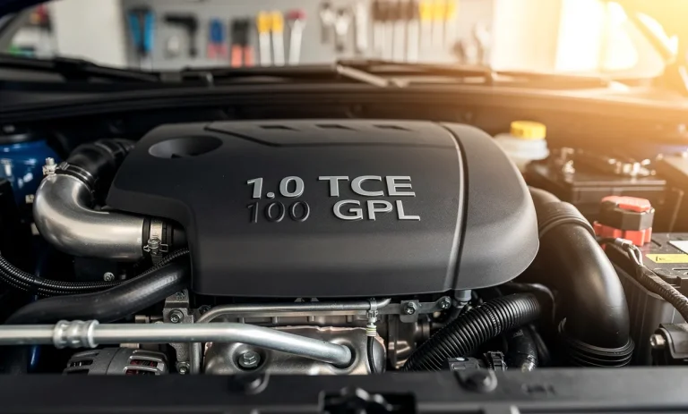 Un moteur de voiture moderne marqué "1.0 TCe 100 GPL" est posé dans un garage lumineux à l’ambiance paisible.
