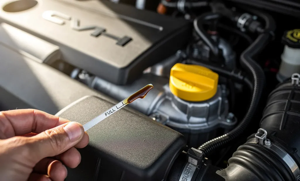 Gros plan sur le moteur d’une voiture moderne avec le bouchon d’huile en surbrillance et la jauge indiquant un faible niveau d’huile.