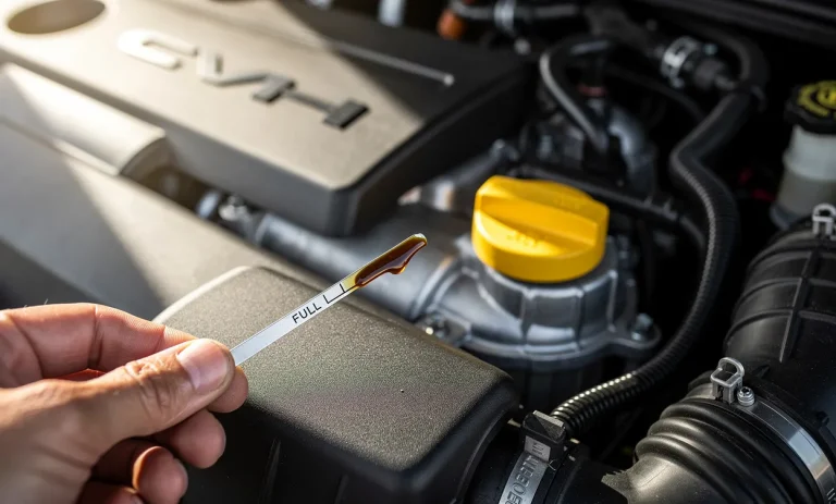 Gros plan sur le moteur d’une voiture moderne avec le bouchon d’huile en surbrillance et la jauge indiquant un faible niveau d’huile.