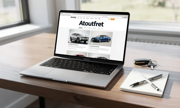 Un ordinateur portable affiche le site du blog auto Atoutfret sur un bureau en bois à côté de clés de voiture et d’un carnet, éclairé par une lumière naturelle.