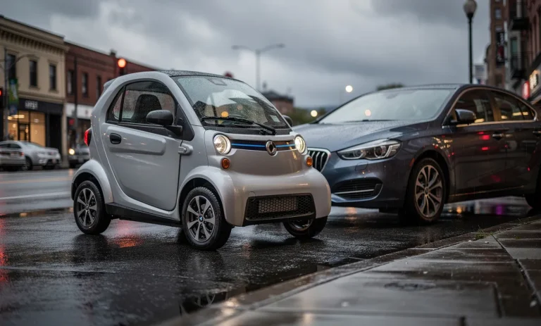 Une petite voiture sans permis est garée à côté d’un véhicule standard sur une rue urbaine mouillée sous une lumière tamisée.