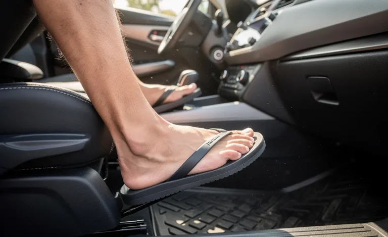 Pieds nus en tongs posés sur les pédales d'une voiture moderne éclairée par la lumière du jour.
