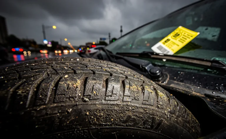 Un pneu de voiture usé aux sculptures lisses est à côté d’un procès-verbal posé sur un pare-brise, sous un ciel nuageux et sur un sol mouillé reflétant des lumières urbaines.
