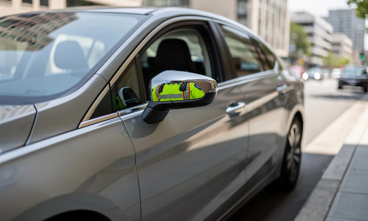 Une voiture moderne aux vitres teintées est stationnée en ville, le reflet d'un gilet de police visible dans le rétroviseur latéral.