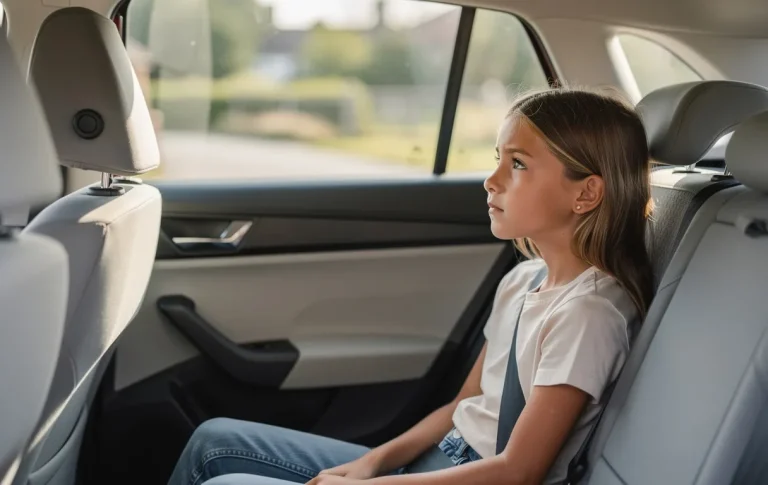 Une jeune fille assise à l'arrière d'une Skoda Fabia regarde pensivement par la fenêtre sous une lumière douce.
