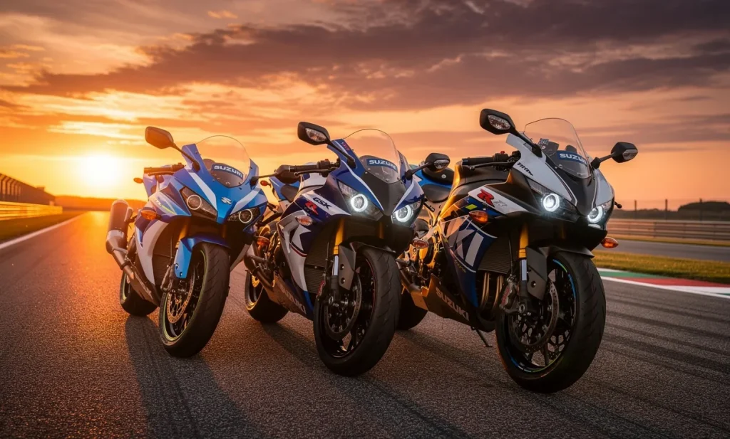 Plusieurs motos Suzuki GSX-R 1000 de différentes générations sont alignées sur une piste de course au coucher du soleil, leurs silhouettes éclairées par une lumière dorée.