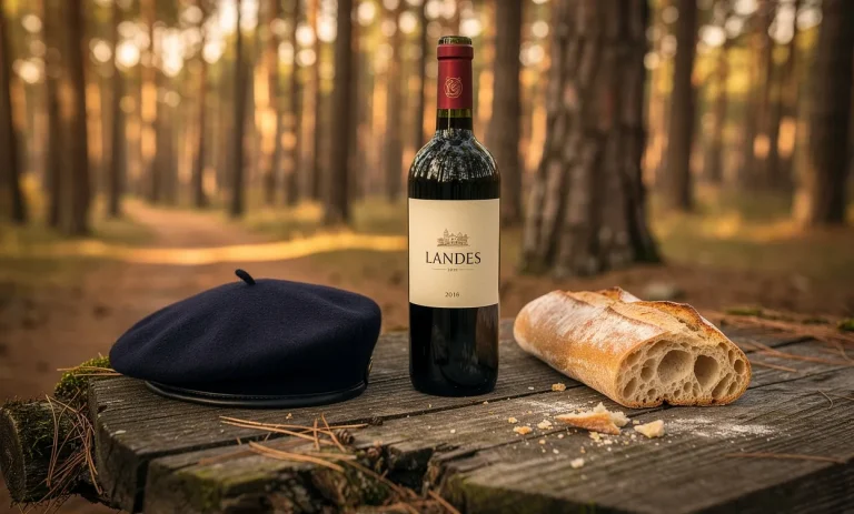 Table en bois usée dans une forêt de pins, ornée d’un béret landais, d’une bouteille de vin et de pain sous une lumière dorée.