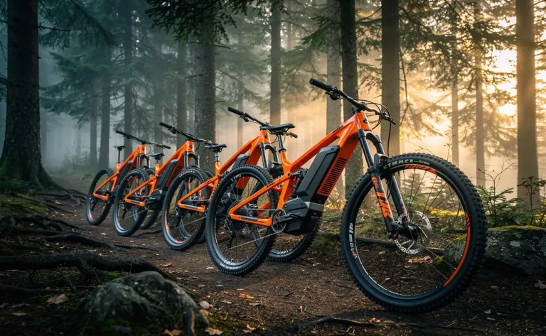 Cinq vélos électriques KTM orange alignés sur un sentier forestier à l’aube avec de la brume et des rayons de lumière filtrant entre les arbres.