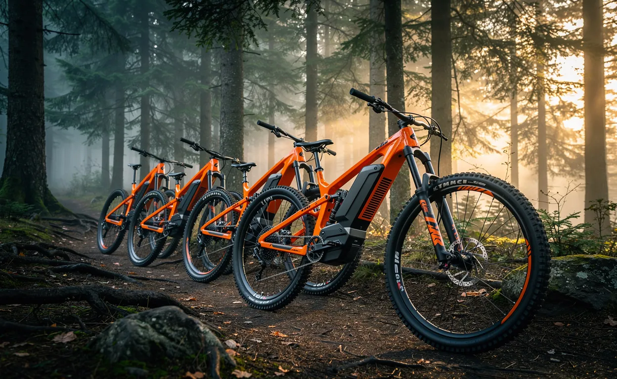 Cinq vélos électriques KTM orange alignés sur un sentier forestier à l’aube avec de la brume et des rayons de lumière filtrant entre les arbres.