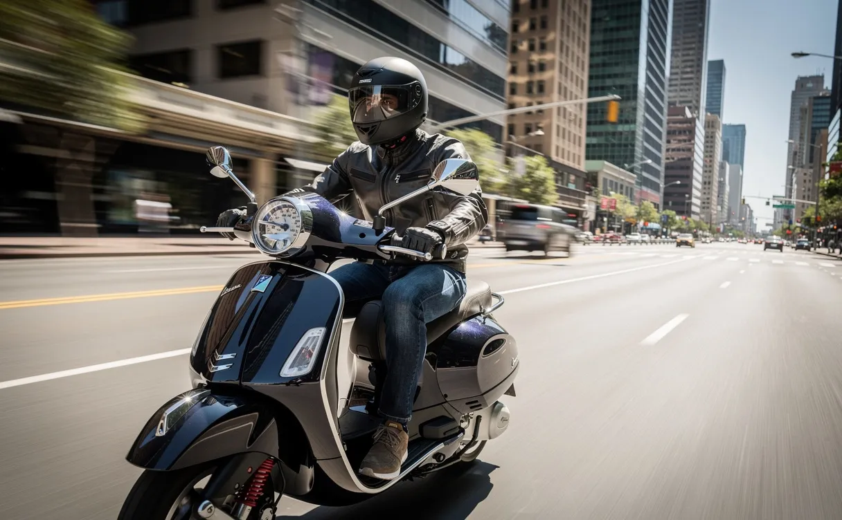 Un conducteur de Vespa 300 GTS roule sur un boulevard urbain avec des bâtiments flous en arrière-plan et le compteur de vitesse visible.