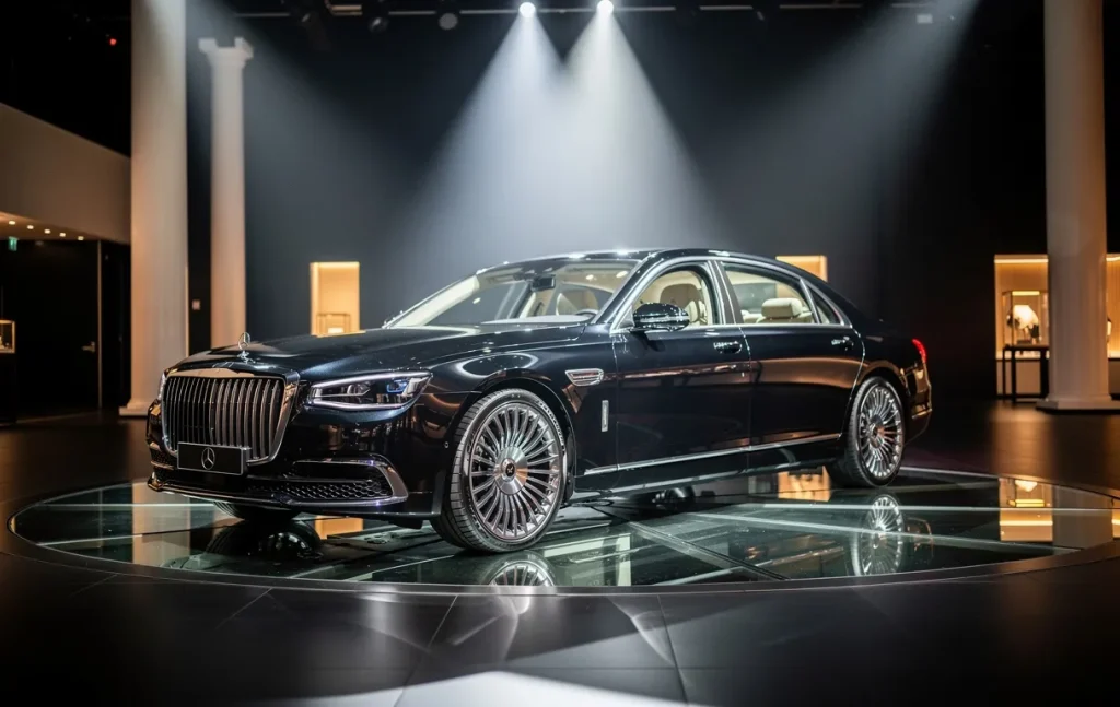 Une voiture de luxe photoréaliste exposée sur une plateforme de verre rotative dans un vaste showroom tamisé, éclairée par des projecteurs.